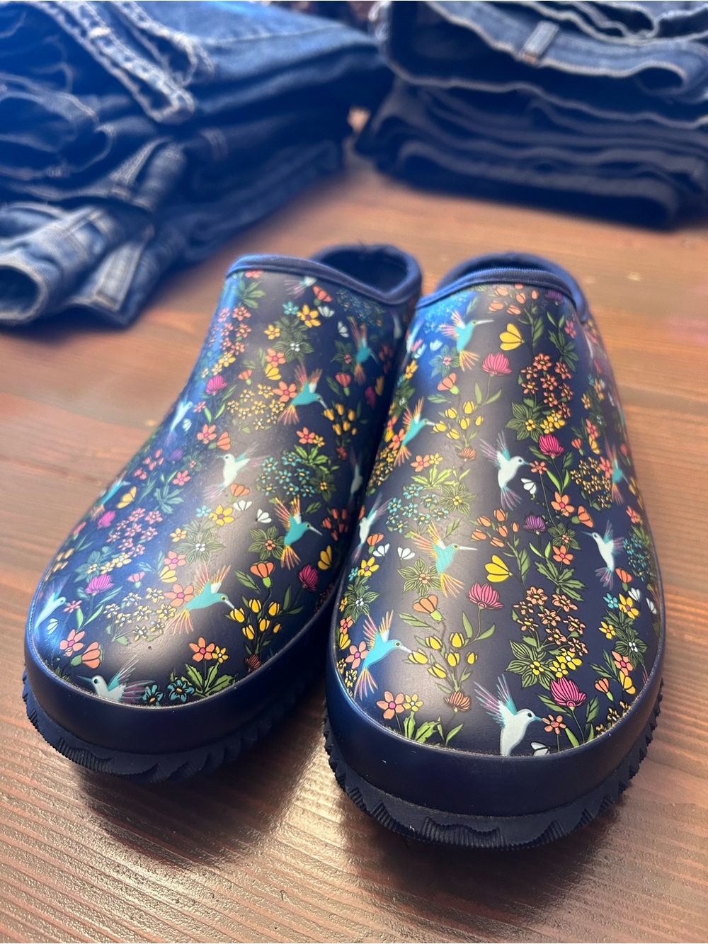 Navy Hummingbird Floral Slip-On Garden Clogs